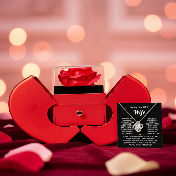To My Beautiful Wife, I squeezed this necklace really tight and filled it with my love - Red Heart Rose Box