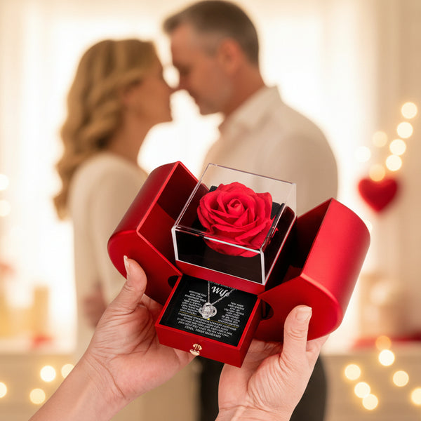 To My Beautiful Wife, I squeezed this necklace really tight and filled it with my love - Red Heart Rose Box