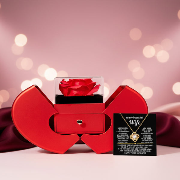 To My Beautiful Wife, I squeezed this necklace really tight and filled it with my love - Red Heart Rose Box