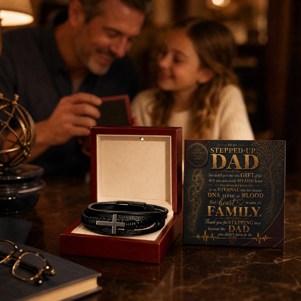 To My Stepped Up Dad, Thank you for STEPPING in to become the DAD you didn't have to be - Cross Bracelet