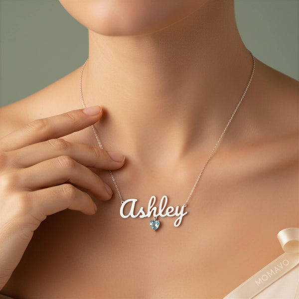 Birthstone Heart Name Necklace | Silver