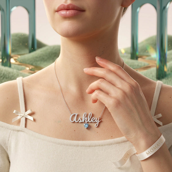 Birthstone Heart Name Necklace | Silver