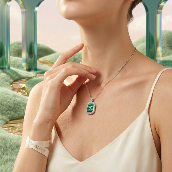 Malachite Zodiac Initial Octagon Necklace | Silver