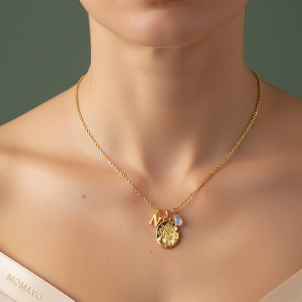 June Rose Moonstone Initial Necklace | 18K Gold Plated