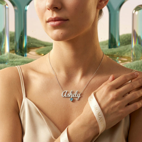 Birthstone Heart Name Necklace | Silver