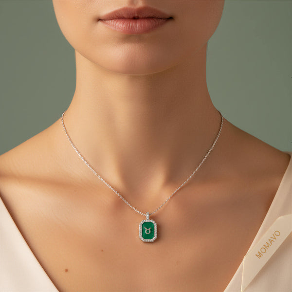 Malachite Zodiac Initial Octagon Necklace | Silver