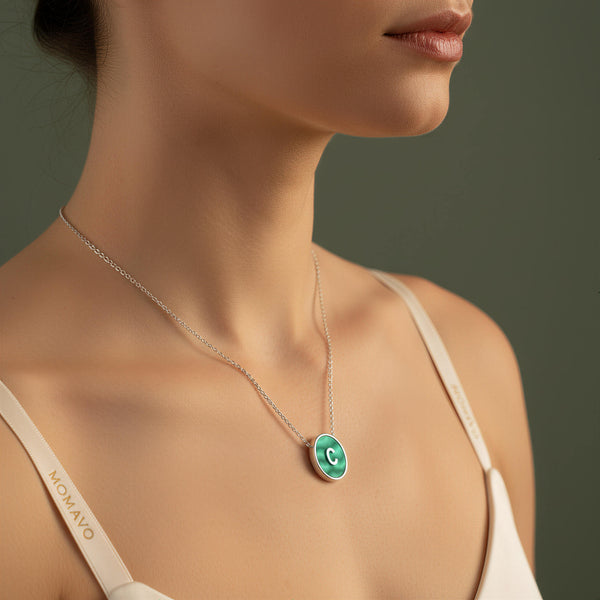 Malachite Initial Pendant Necklace | Silver