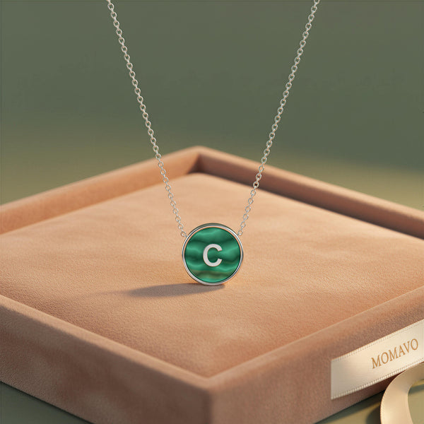 Malachite Initial Pendant Necklace | Silver
