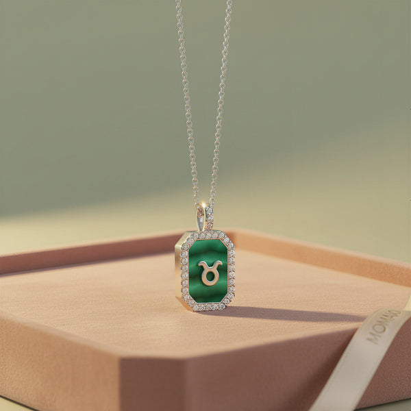 Malachite Zodiac Initial Octagon Necklace | Silver