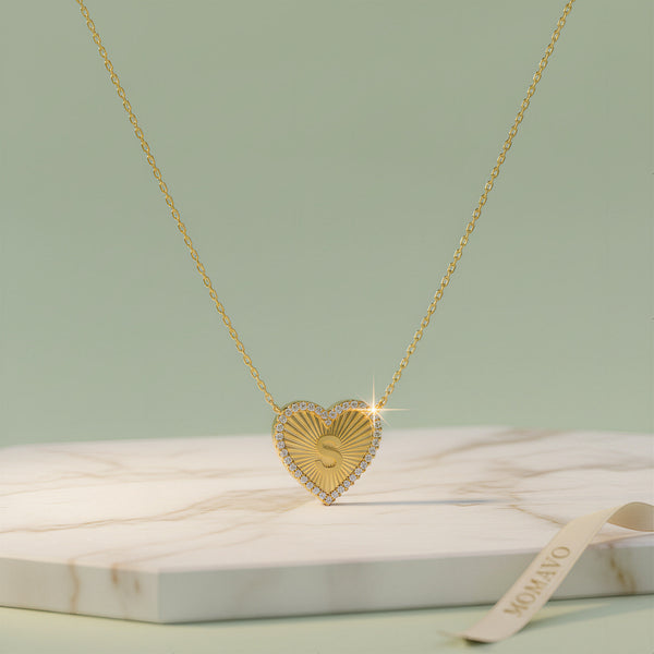Pleated Heart Initial Necklace | 18K Gold Plated