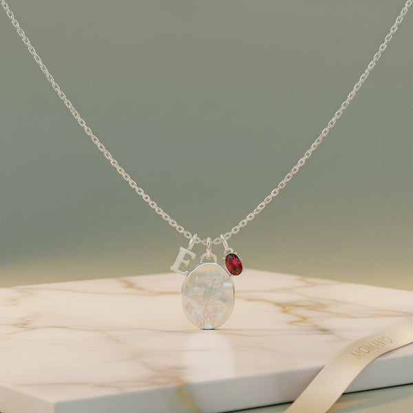 Carnation Garnet Initial Necklace | 18K Gold Plated