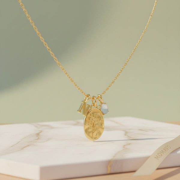 June Rose Moonstone Initial Necklace | 18K Gold Plated