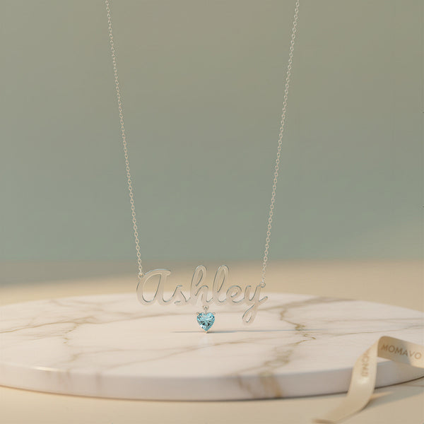 Birthstone Heart Name Necklace | Silver