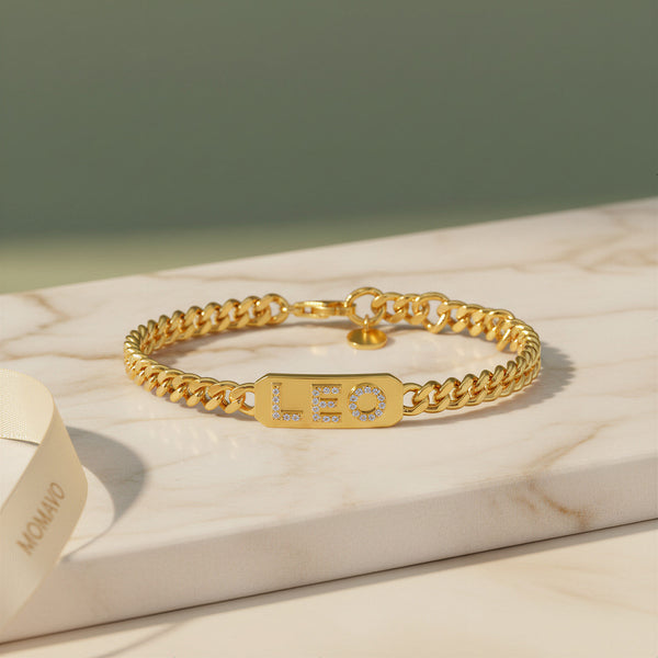 Pavé Letter ID Bar Curb Chain Necklace | 18K Gold Plated