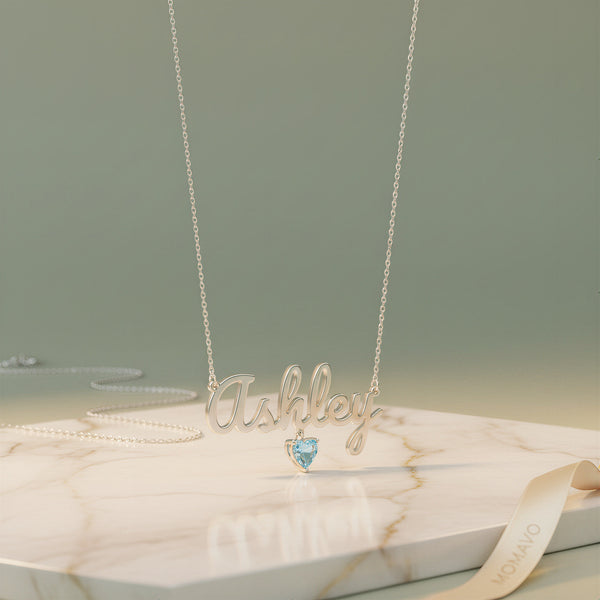 Birthstone Heart Name Necklace | Silver