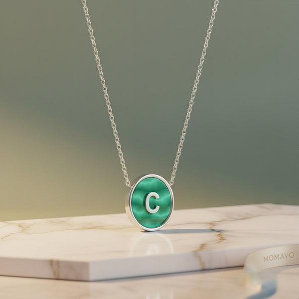Malachite Initial Pendant Necklace | Silver