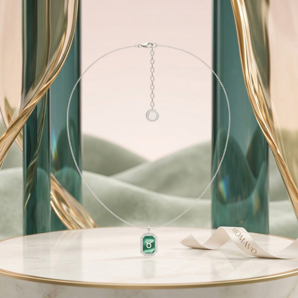 Malachite Zodiac Initial Octagon Necklace | Silver