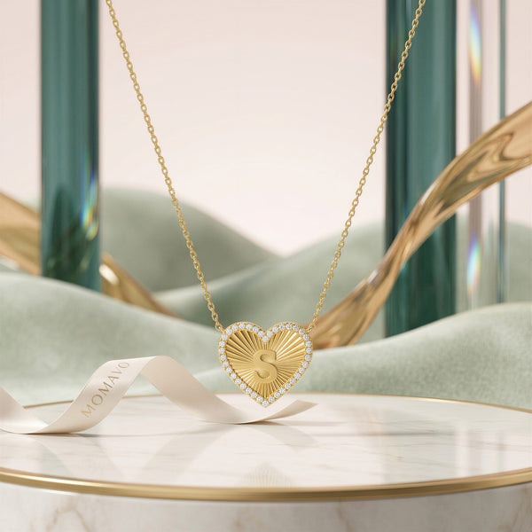 Pleated Heart Initial Necklace | 18K Gold Plated