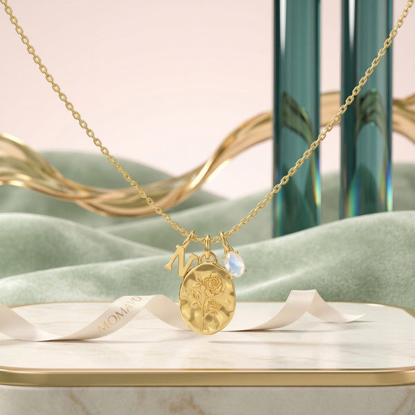 June Rose Moonstone Initial Necklace | 18K Gold Plated