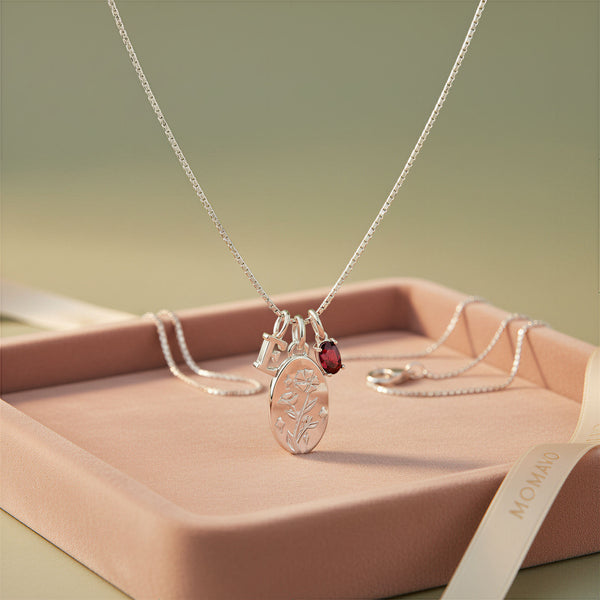 Carnation Garnet Initial Necklace | 18K Gold Plated