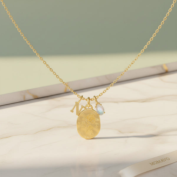 June Rose Moonstone Initial Necklace | 18K Gold Plated