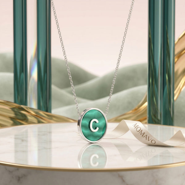 Malachite Initial Pendant Necklace | Silver