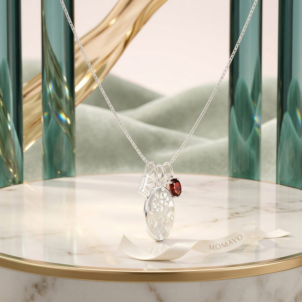 Carnation Garnet Initial Necklace | 18K Gold Plated