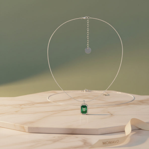 Malachite Zodiac Initial Octagon Necklace | Silver