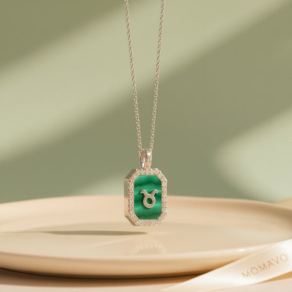 Malachite Zodiac Initial Octagon Necklace | Silver