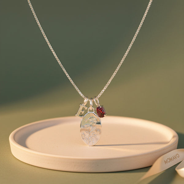 Carnation Garnet Initial Necklace | 18K Gold Plated
