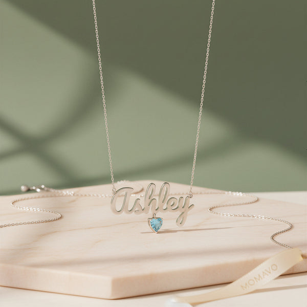 Birthstone Heart Name Necklace | Silver