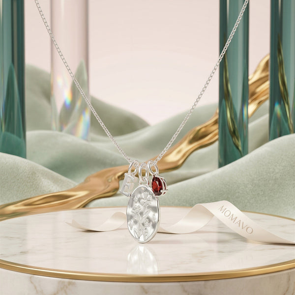 Carnation Garnet Initial Necklace | 18K Gold Plated