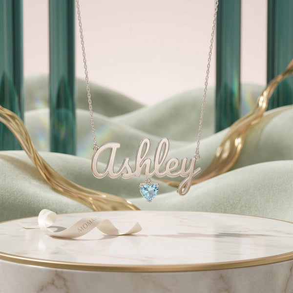 Birthstone Heart Name Necklace | Silver