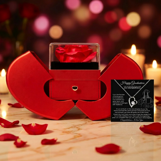 Graduation gift for daughter from dad — Forever Love Necklace in Red Heart Rose Box with romantic background