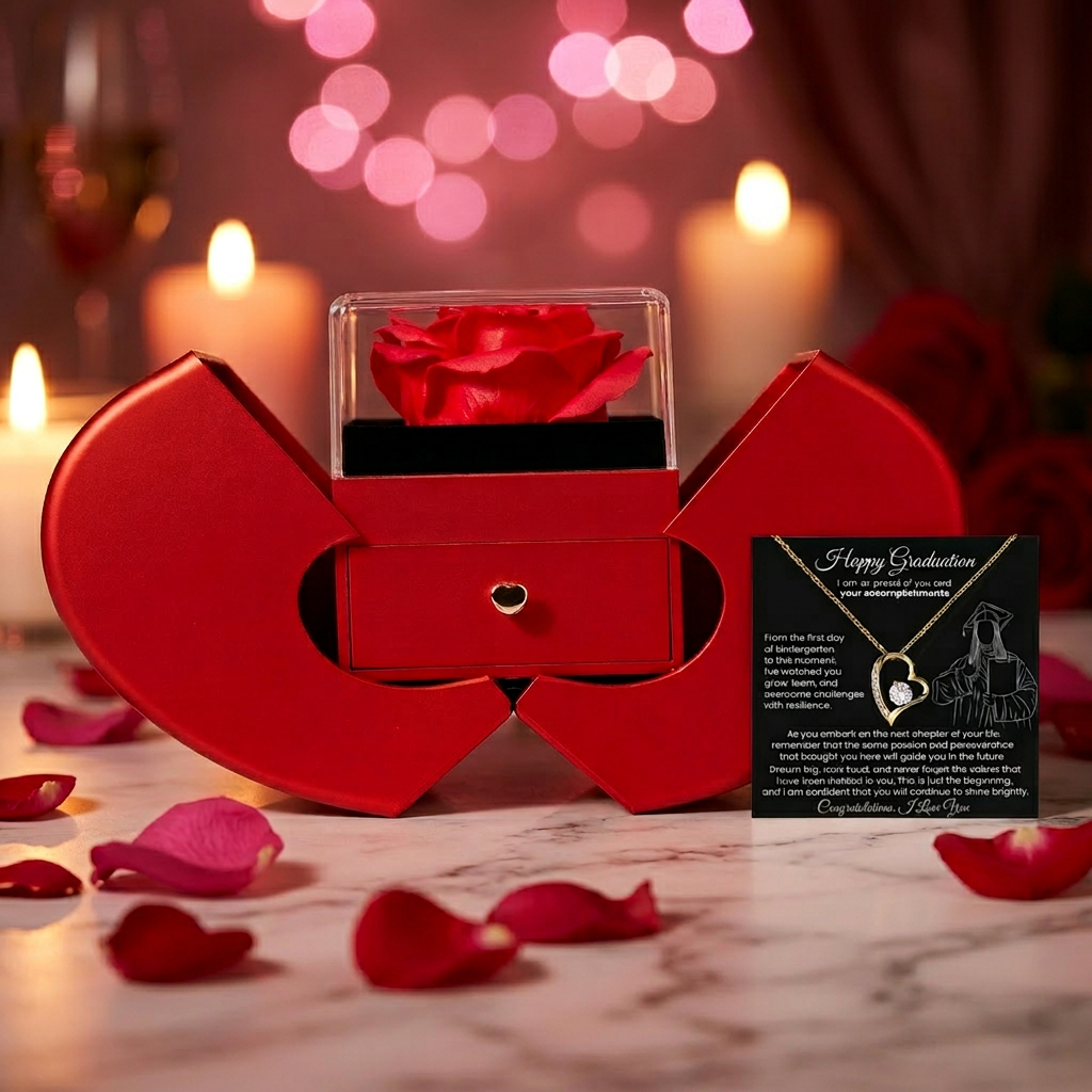 Graduation necklace gift set — gold Forever Love pendant with rose box