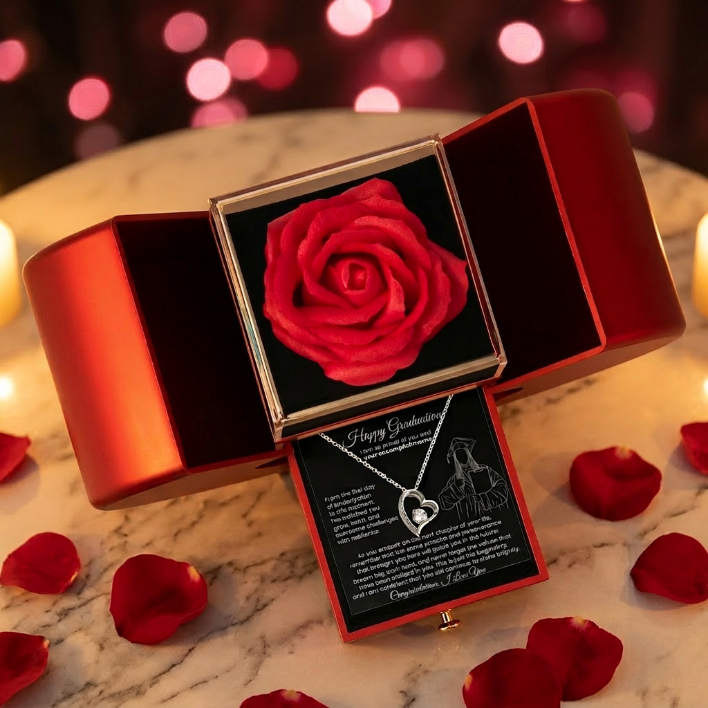 Red Heart Rose Box open showing preserved eternal rose and necklace