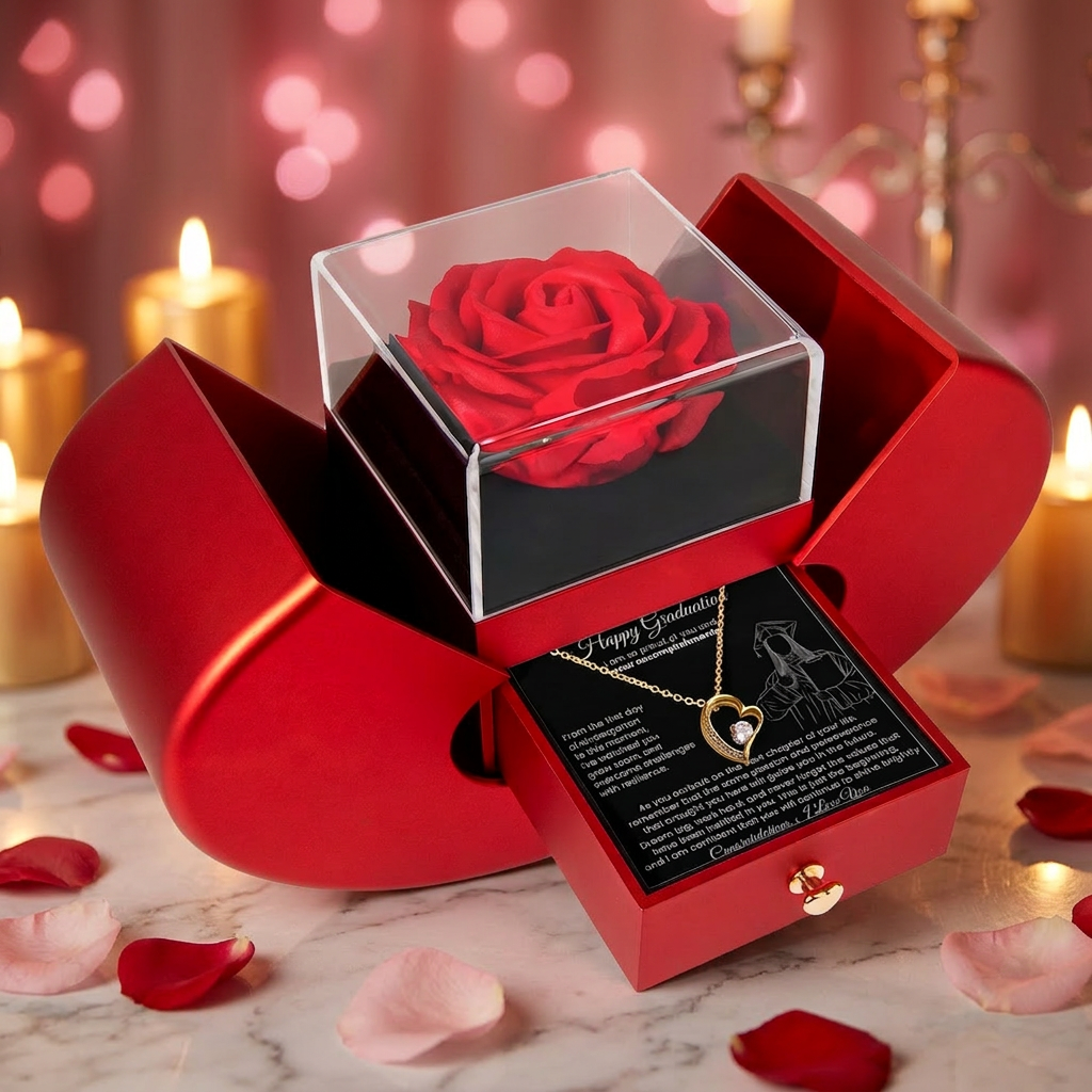 Gold heart pendant necklace in red rose gift box for graduation
