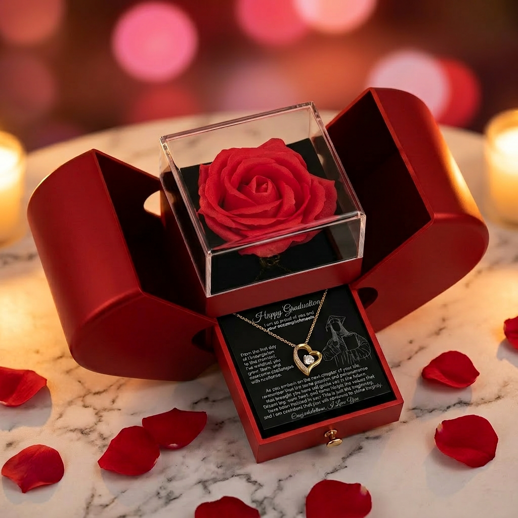 Graduation gift set — Forever Love Necklace rose box with candle ambiance