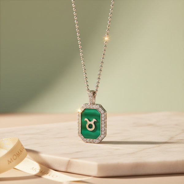 Malachite Zodiac Initial Octagon Necklace | Silver
