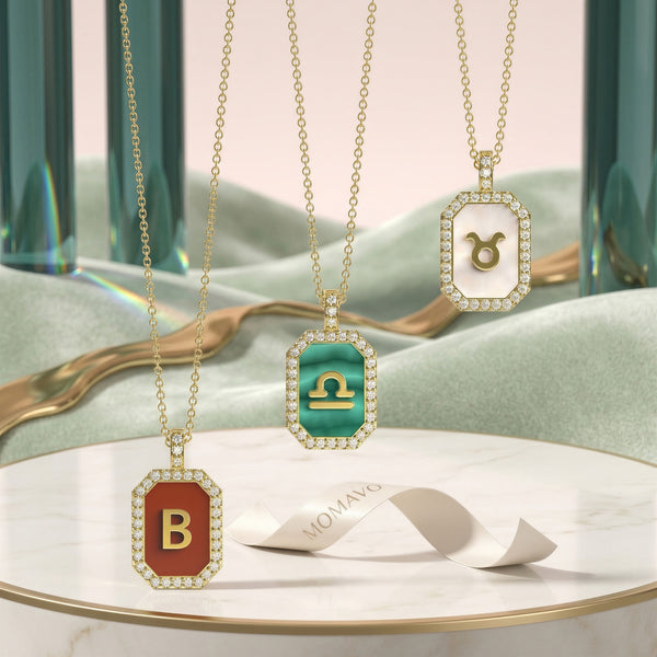 Malachite Zodiac Initial Octagon Necklace | Silver