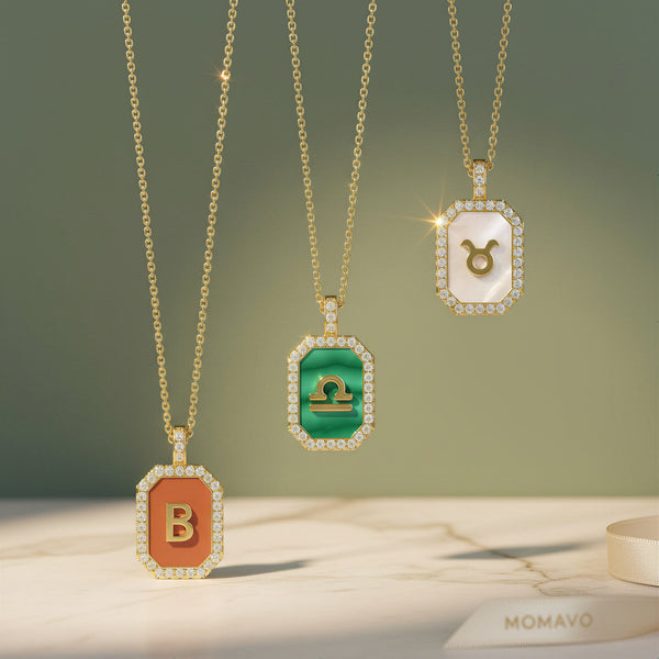Malachite Zodiac Initial Octagon Necklace | Silver
