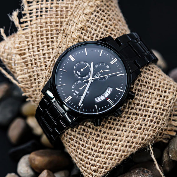 For Men - Engraved Design Black Chronograph Watch