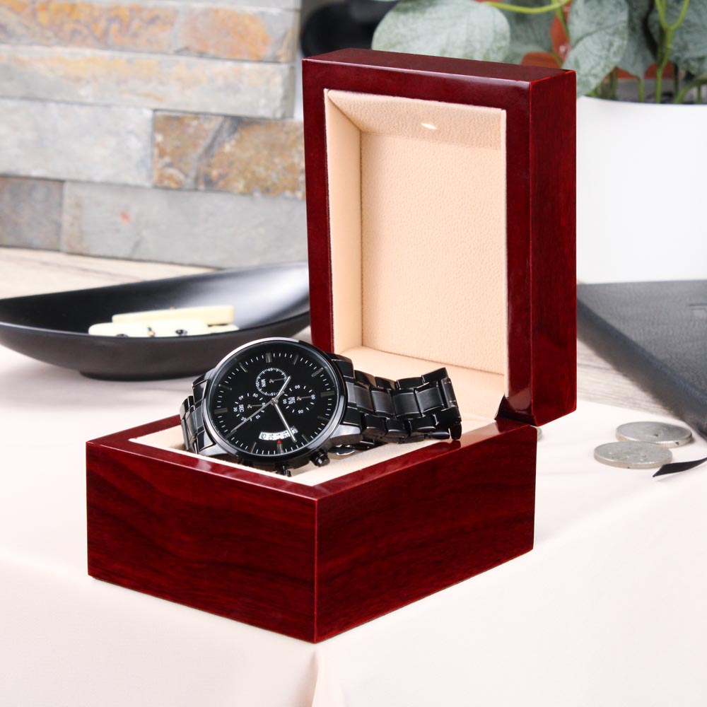For Men - Engraved Design Black Chronograph Watch
