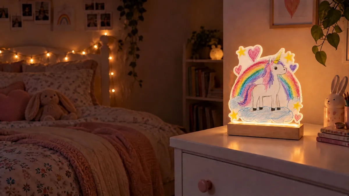 A child’s room at night, lit by the drawing light