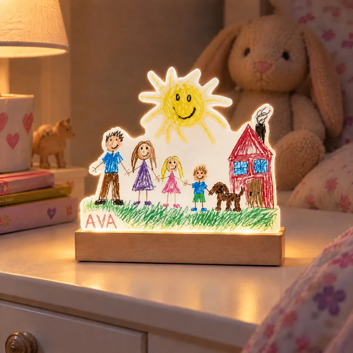 Momavo drawing light: clear acrylic cut to the shape of the drawing, sharp print, real wood base