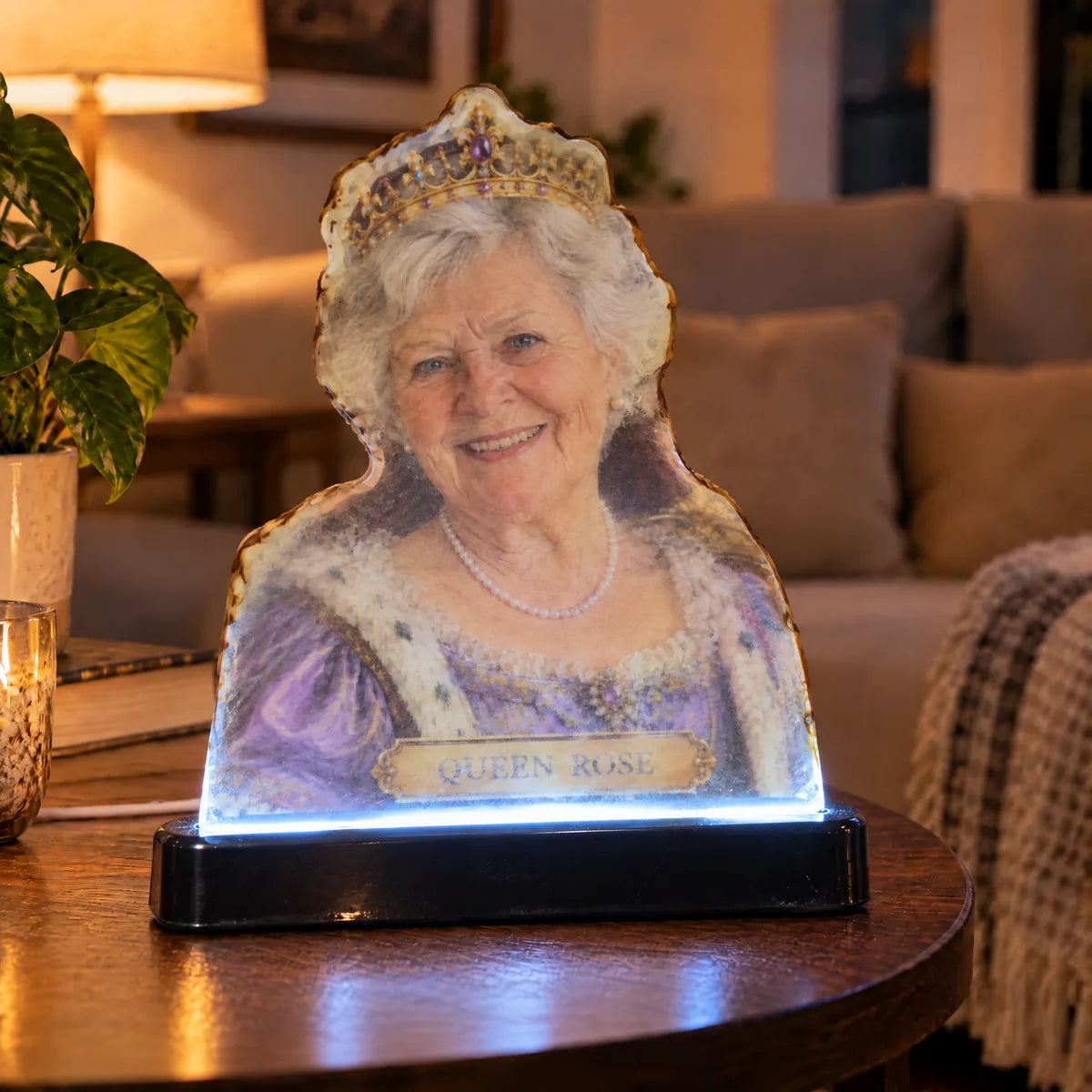 A cheap acrylic light: cloudy plastic, faded print, plastic base