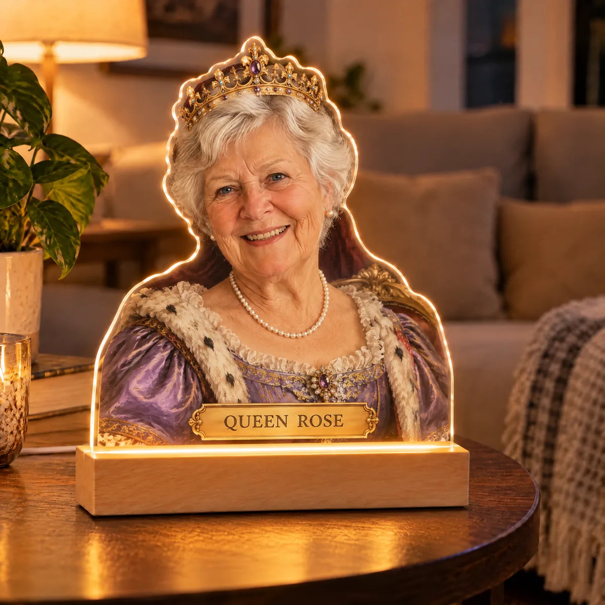 Momavo royal portrait light: crystal-clear acrylic, sharp print, real wood base