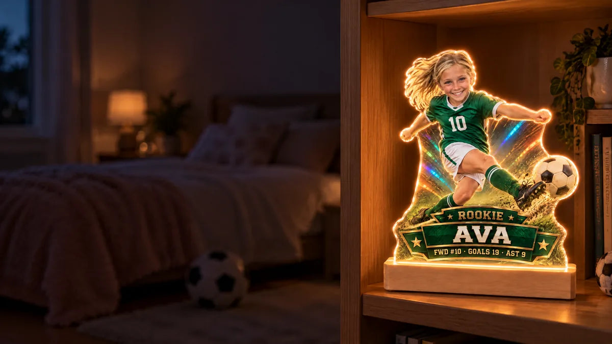 The MVP Night Light glowing on a shelf at night