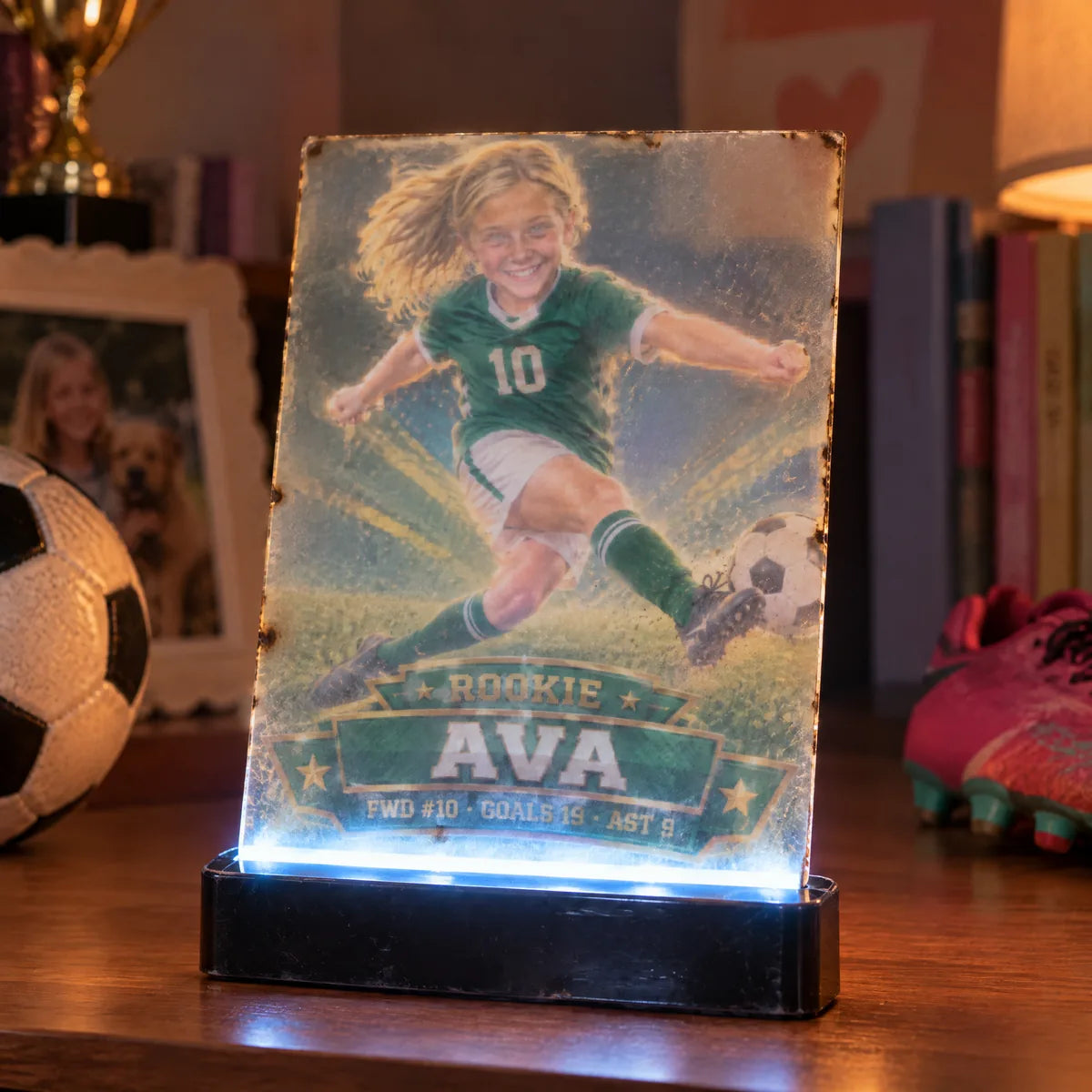 A cheap acrylic light: cloudy plastic, faded print, plastic base