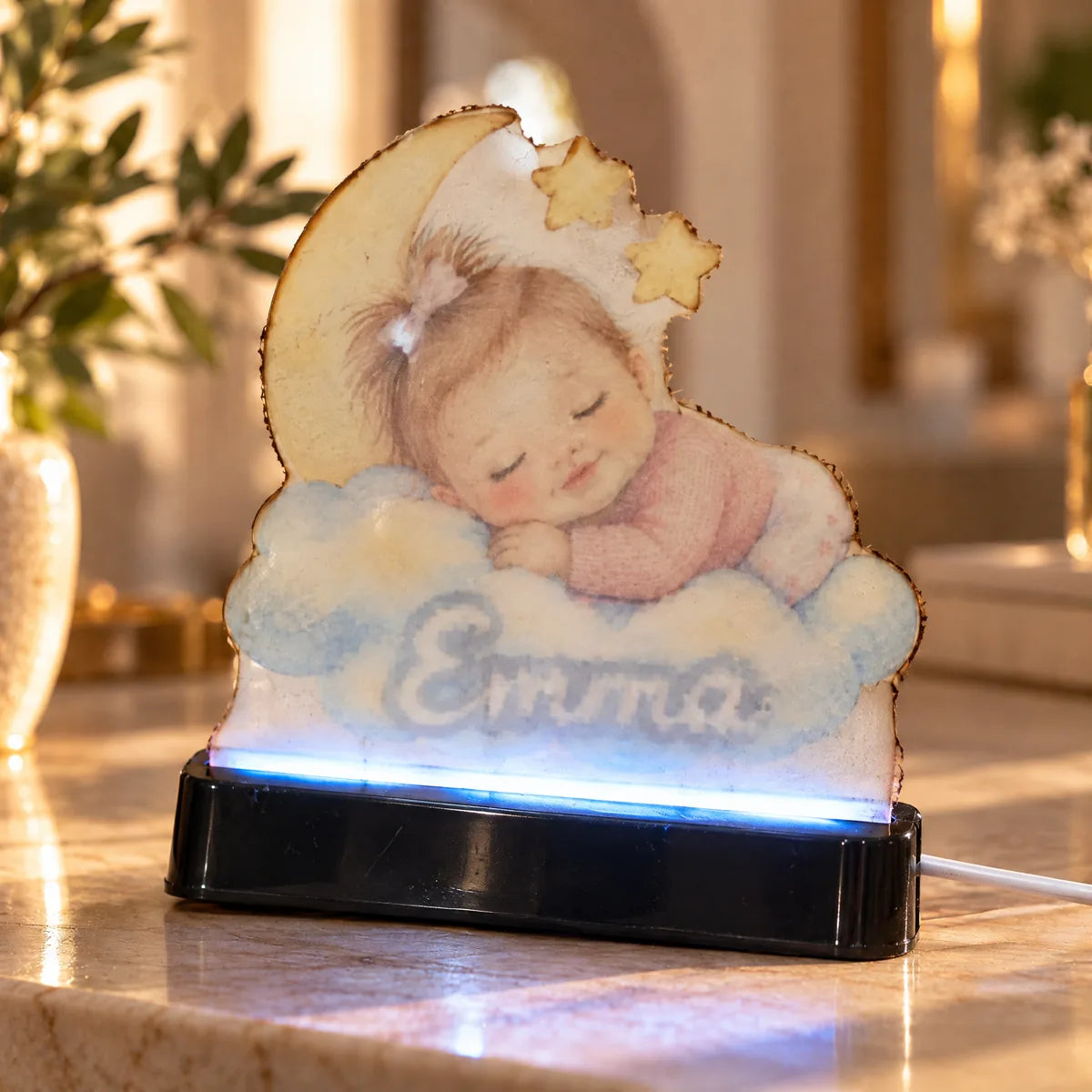 A cheap acrylic light: cloudy plastic, faded print, plastic base